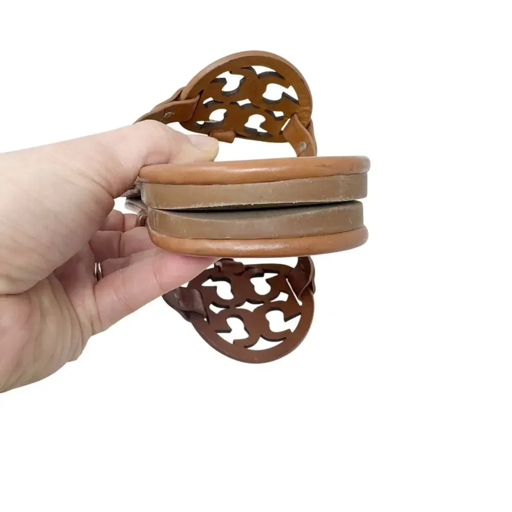 Tory Burch Miller Sandals Brown Leather Logo Thong Flat Size 10